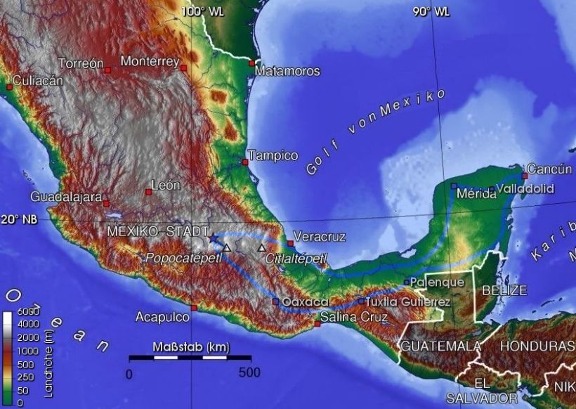 Karte Reiseroute Mexico 1994